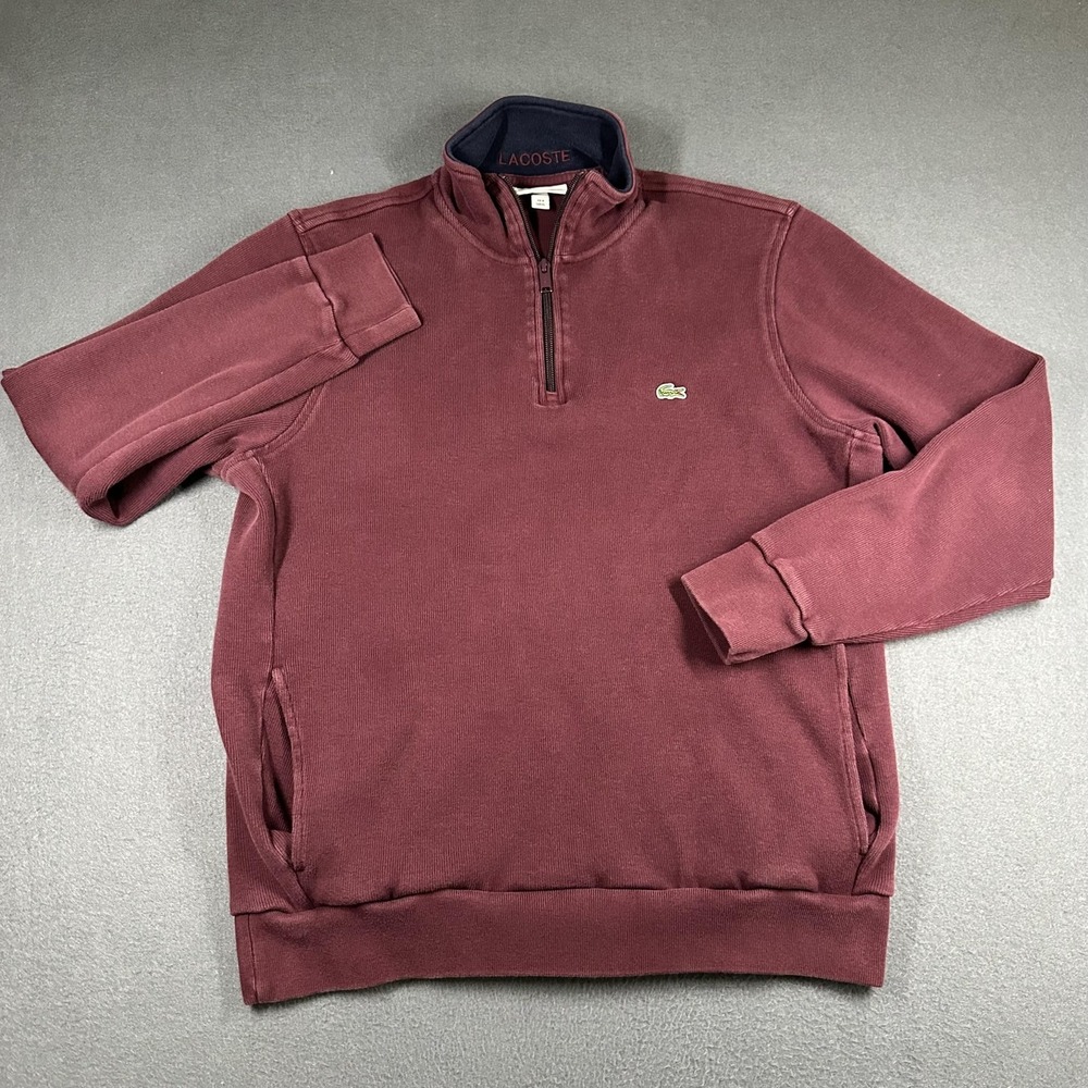Lacoste Sweatshirt Mens XL Red Cotton 1/4 Zip Mock Neck Pullover Pockets Logo